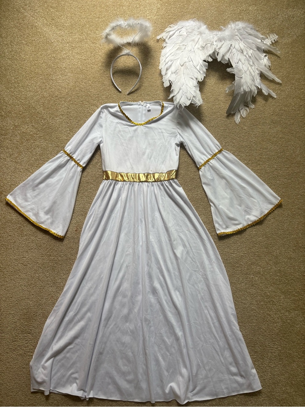 White & Gold Angel Kids Halloween Costume Dress with Wings and Halo Size 9-10